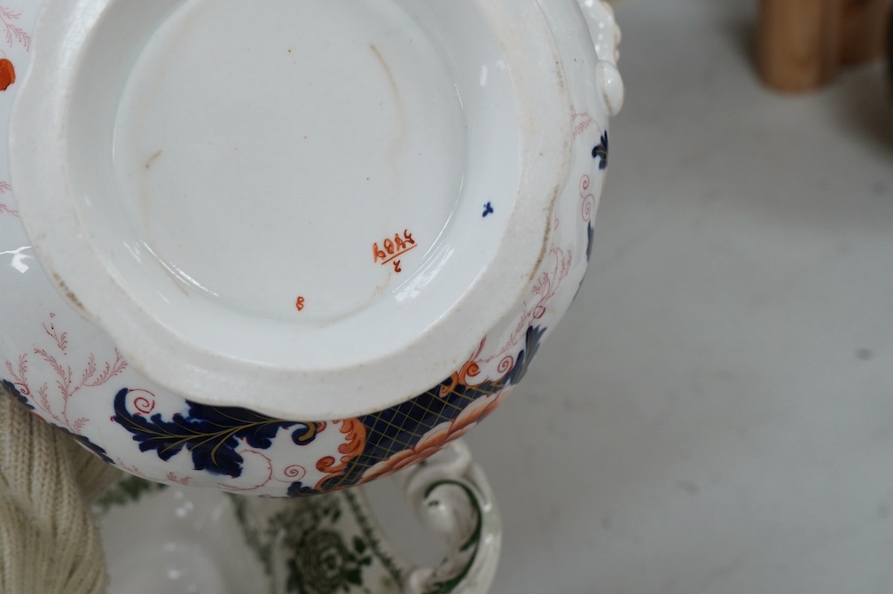 A Mason's ironstone tureen and cover, early 20th century, a Victorian Peking comport and a floral bowl and cover, largest 33cm (3). Condition - good